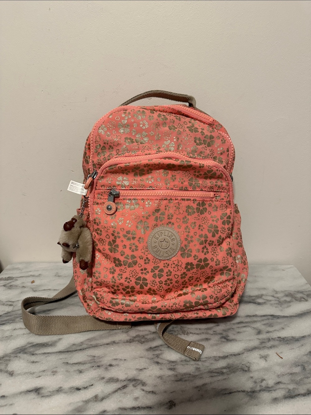 Kipling Seoul Coral Floral Print/ gold accents Backpack with monkey - Women